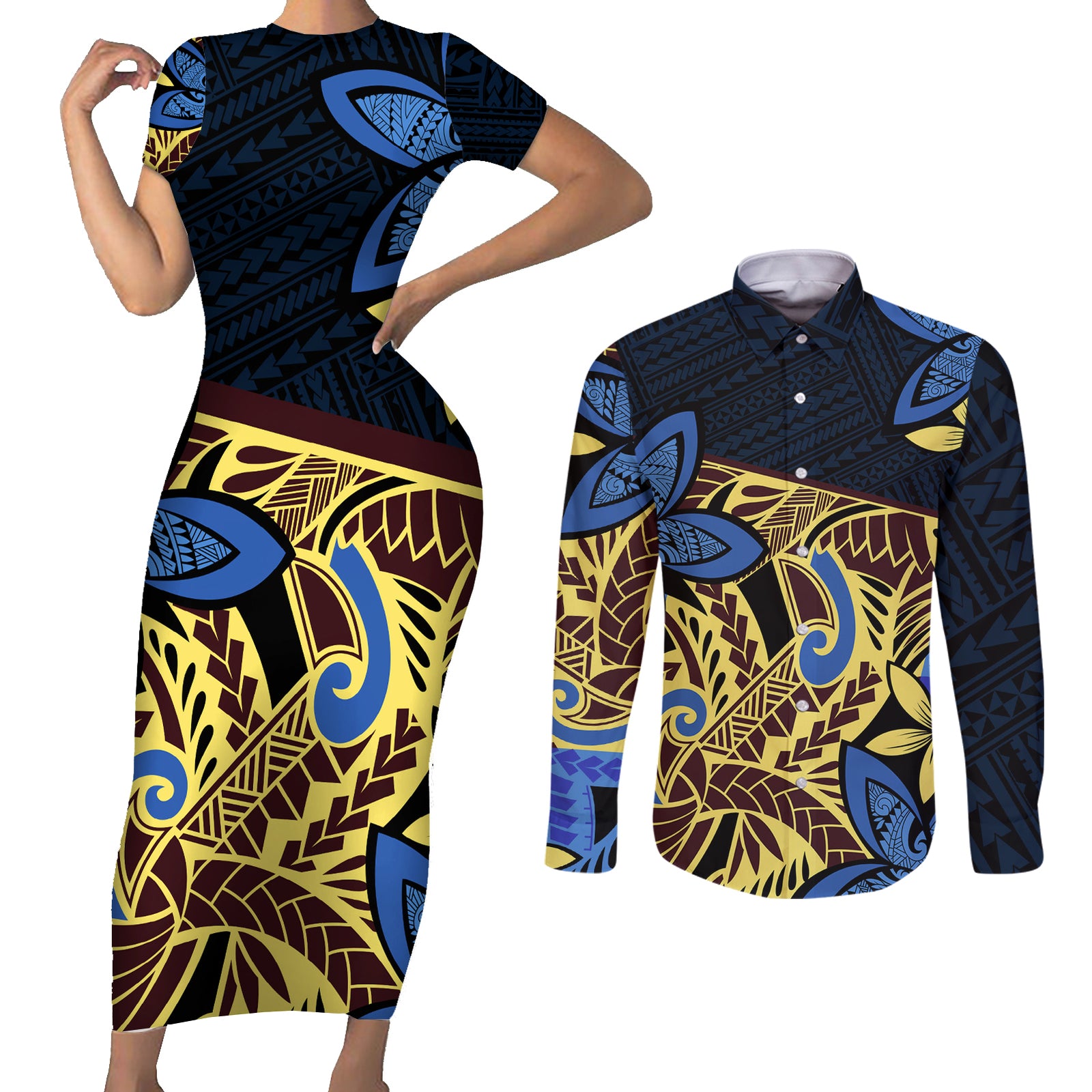 Polynesia Fabric Couples Matching Short Sleeve Bodycon Dress and Long Sleeve Button Shirt Polynesian Tribal With Frangipani Flowers LT14 Blue - Polynesian Pride