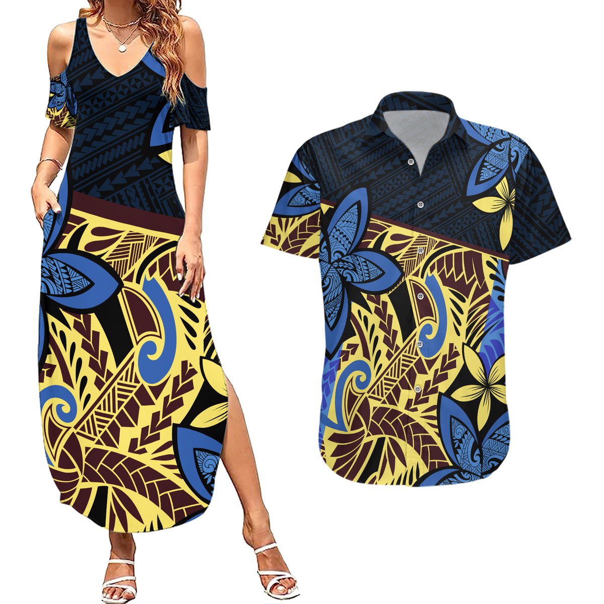Polynesia Fabric Couples Matching Summer Maxi Dress and Hawaiian Shirt Polynesian Tribal With Frangipani Flowers LT14 Blue - Polynesian Pride