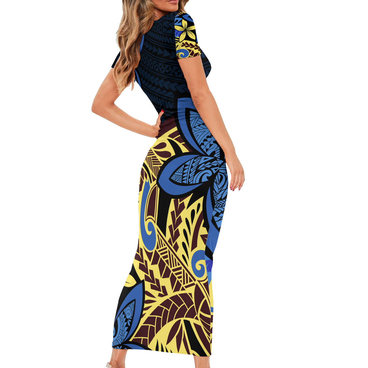 Polynesia Fabric Family Matching Short Sleeve Bodycon Dress and Hawaiian Shirt Polynesian Tribal With Frangipani Flowers LT14 - Polynesian Pride