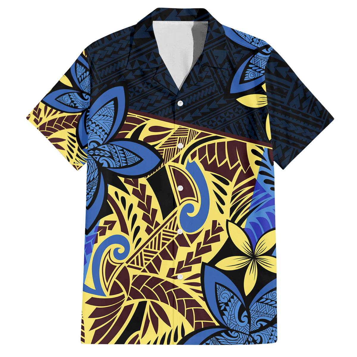Polynesia Fabric Family Matching Tank Maxi Dress and Hawaiian Shirt Polynesian Tribal With Frangipani Flowers LT14 Dad's Shirt - Short Sleeve Blue - Polynesian Pride