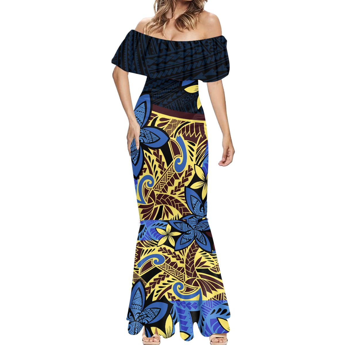 Polynesia Fabric Mermaid Dress Polynesian Tribal With Frangipani Flowers LT14 - Polynesian Pride