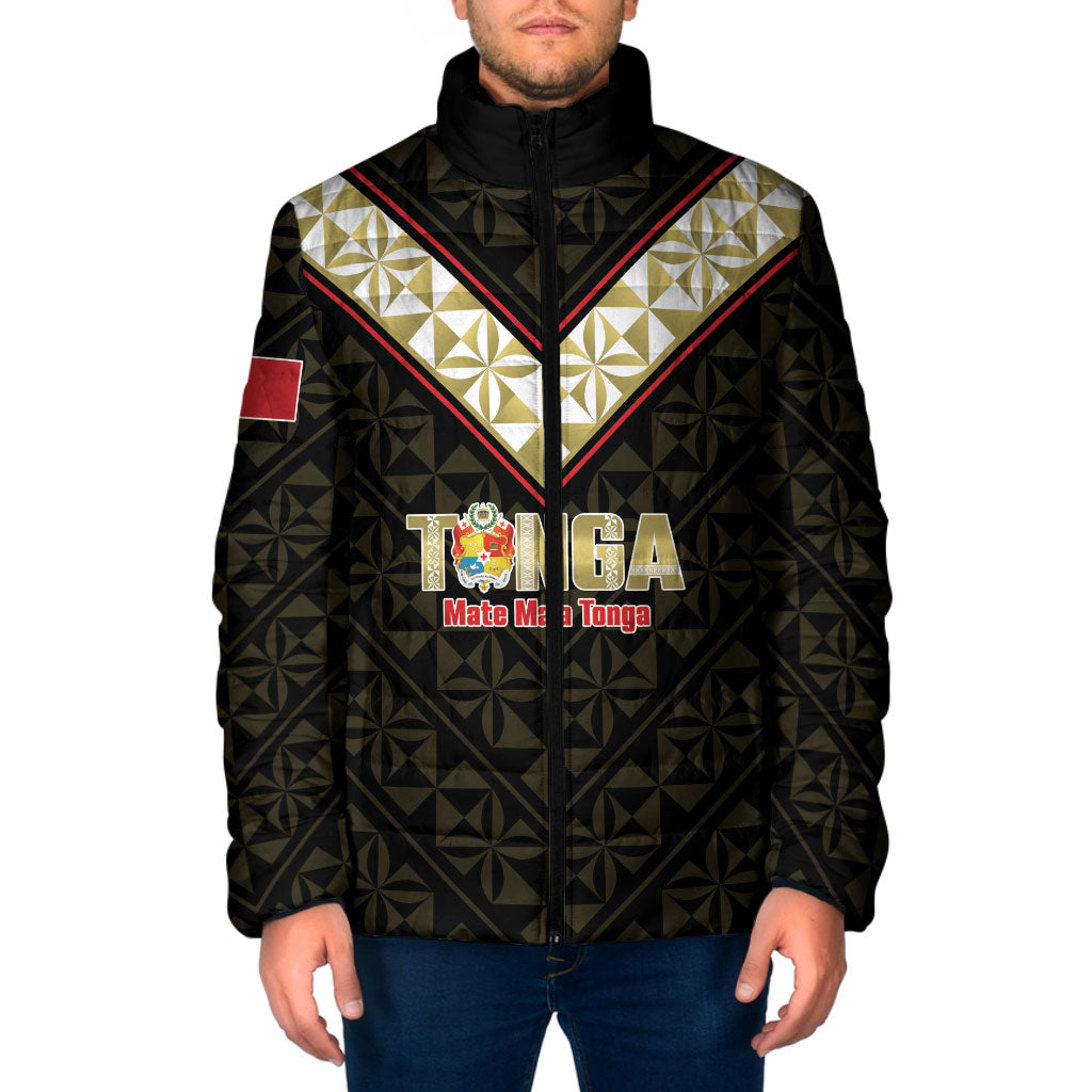 Mate Maa Tonga Rugby Custom Padded Jacket 2026 Tongan Ngatu Pattern Black LT14 Men Black - Polynesian Pride