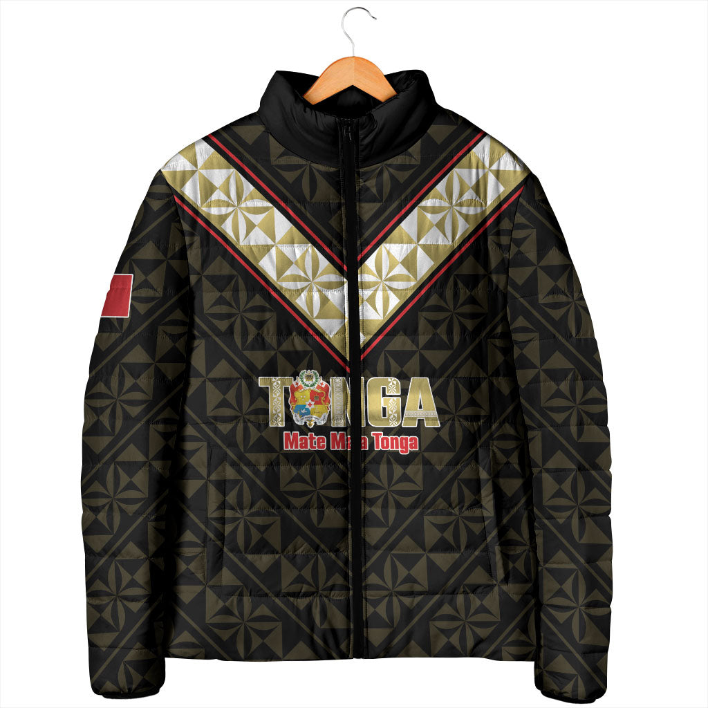 Mate Maa Tonga Rugby Custom Padded Jacket 2026 Tongan Ngatu Pattern Black LT14 - Polynesian Pride