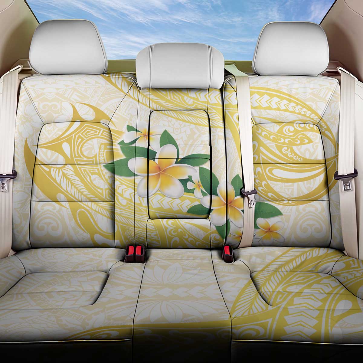 Gold And White Polynesia Plumeria Back Car Seat Cover Curves Tropical Vibes LT14 One Size Gold - Polynesian Pride