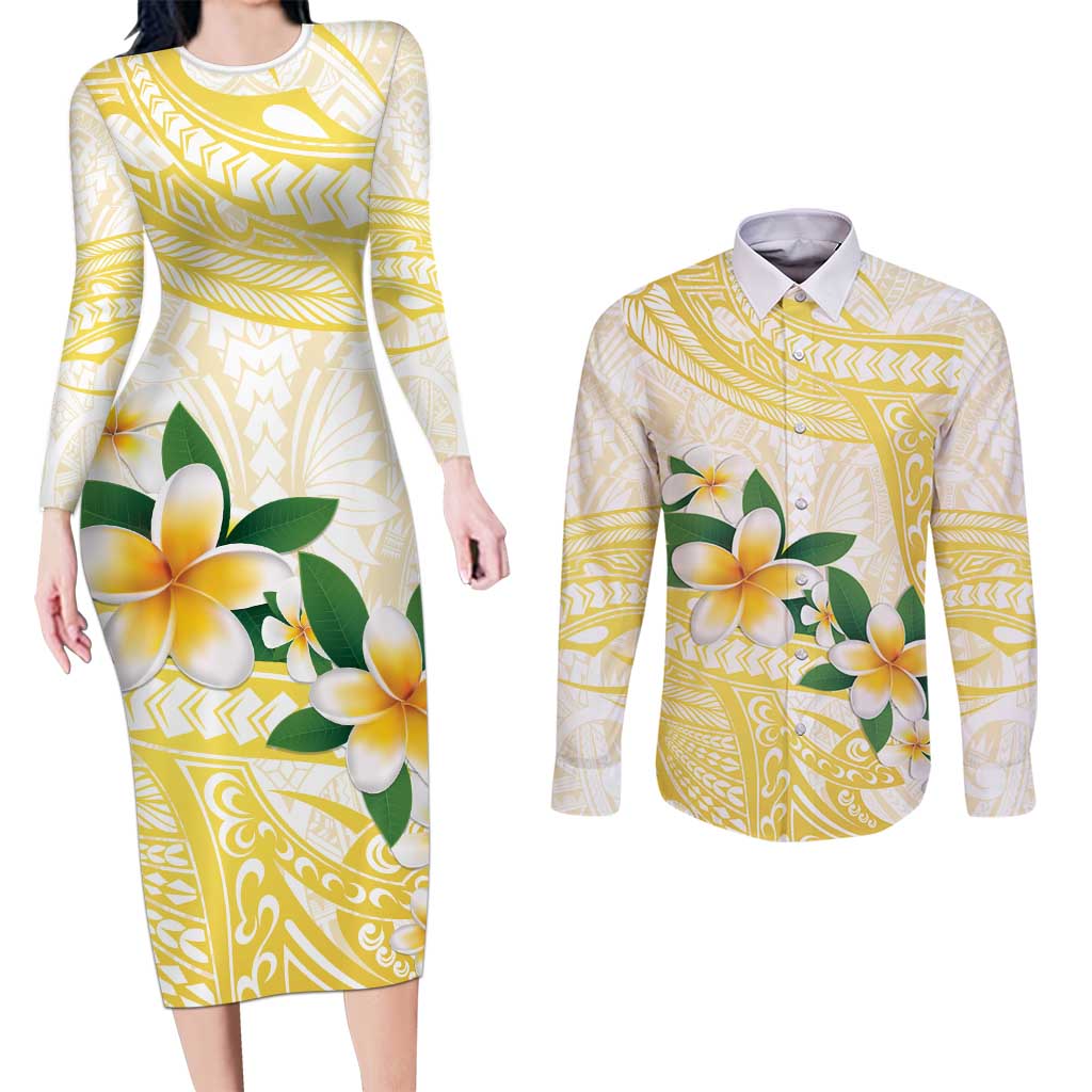 Gold And White Polynesia Plumeria Couples Matching Long Sleeve Bodycon Dress and Long Sleeve Button Shirt Curves Tropical Vibes