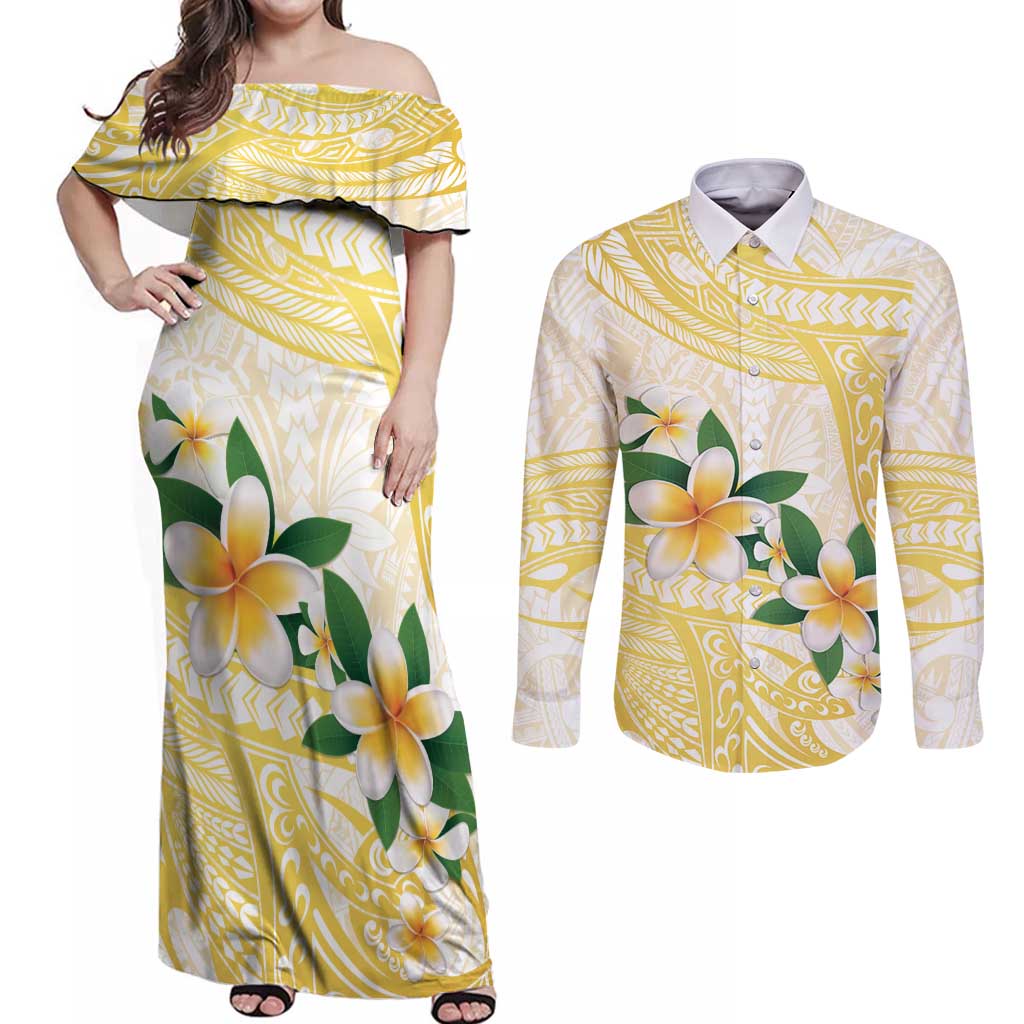 Gold And White Polynesia Plumeria Couples Matching Off Shoulder Maxi Dress and Long Sleeve Button Shirt Curves Tropical Vibes
