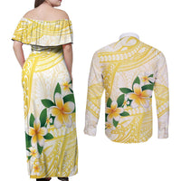 Gold And White Polynesia Plumeria Couples Matching Off Shoulder Maxi Dress and Long Sleeve Button Shirt Curves Tropical Vibes