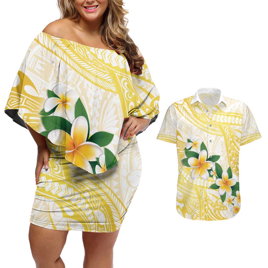 Gold And White Polynesia Plumeria Couples Matching Off Shoulder Short Dress and Hawaiian Shirt Curves Tropical Vibes