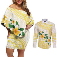 Gold And White Polynesia Plumeria Couples Matching Off Shoulder Short Dress and Long Sleeve Button Shirt Curves Tropical Vibes