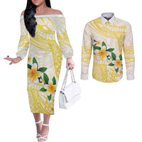 Gold And White Polynesia Plumeria Couples Matching Off The Shoulder Long Sleeve Dress and Long Sleeve Button Shirt Curves Tropical Vibes