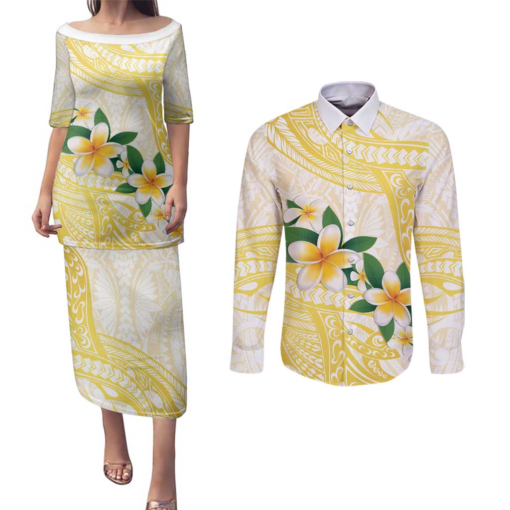 Gold And White Polynesia Plumeria Couples Matching Puletasi and Long Sleeve Button Shirt Curves Tropical Vibes