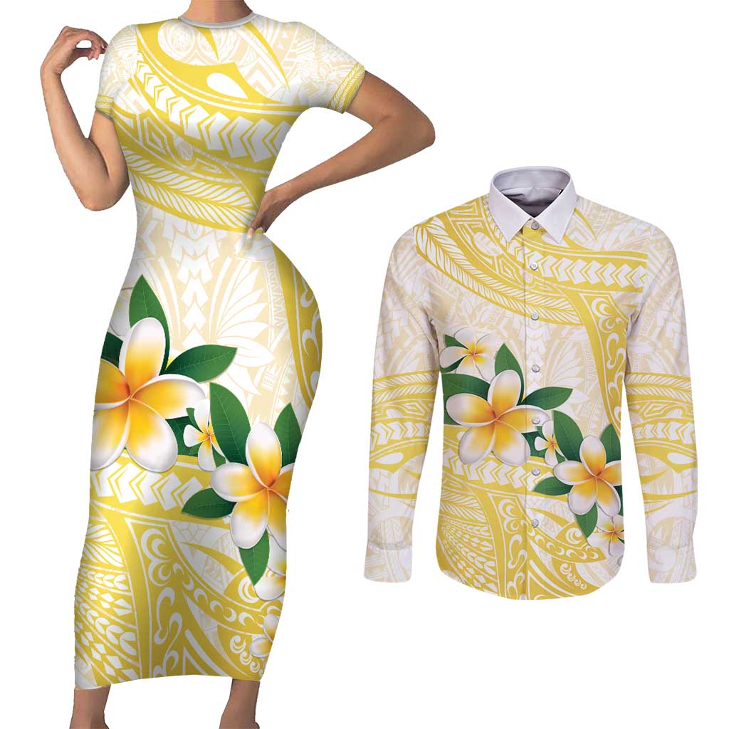 Gold And White Polynesia Plumeria Couples Matching Short Sleeve Bodycon Dress and Long Sleeve Button Shirt Curves Tropical Vibes