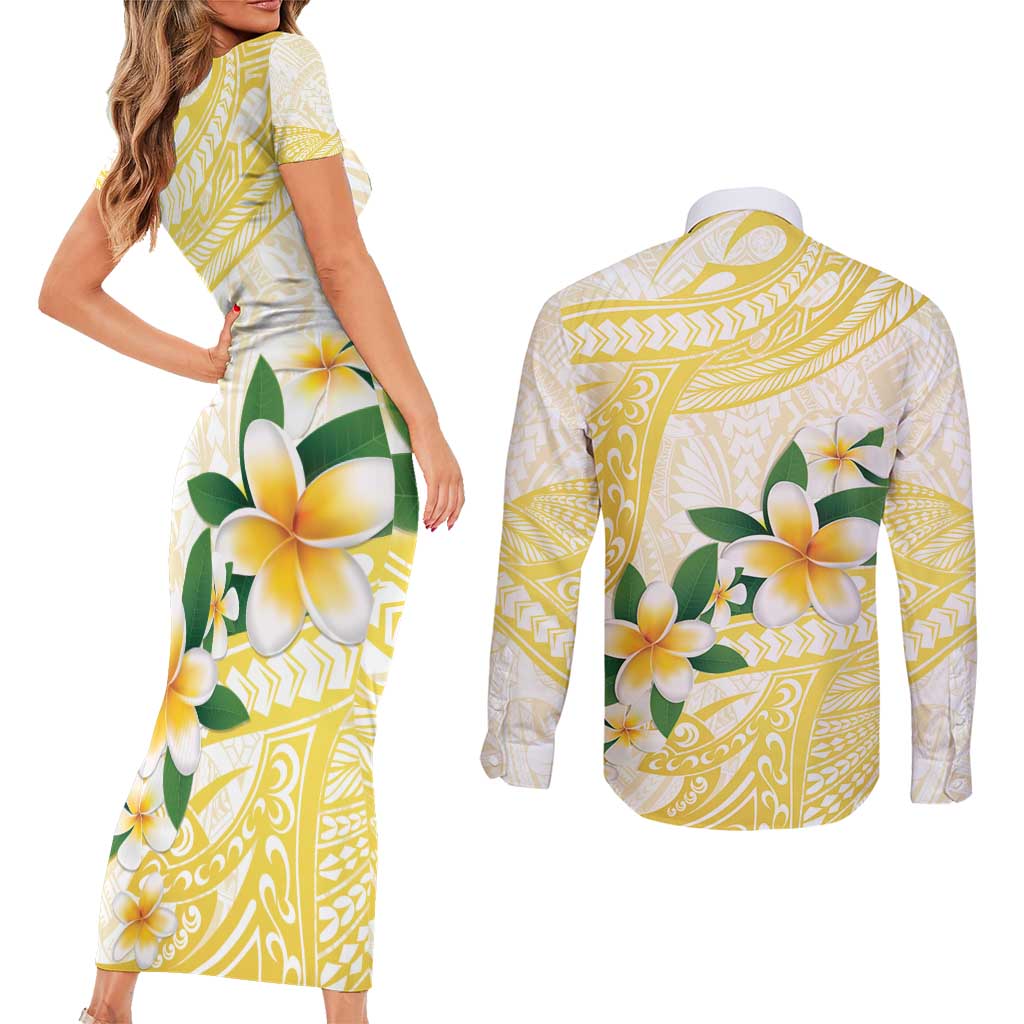 Gold And White Polynesia Plumeria Couples Matching Short Sleeve Bodycon Dress and Long Sleeve Button Shirt Curves Tropical Vibes