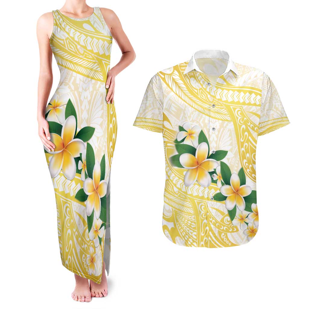 Gold And White Polynesia Plumeria Couples Matching Tank Maxi Dress and Hawaiian Shirt Curves Tropical Vibes