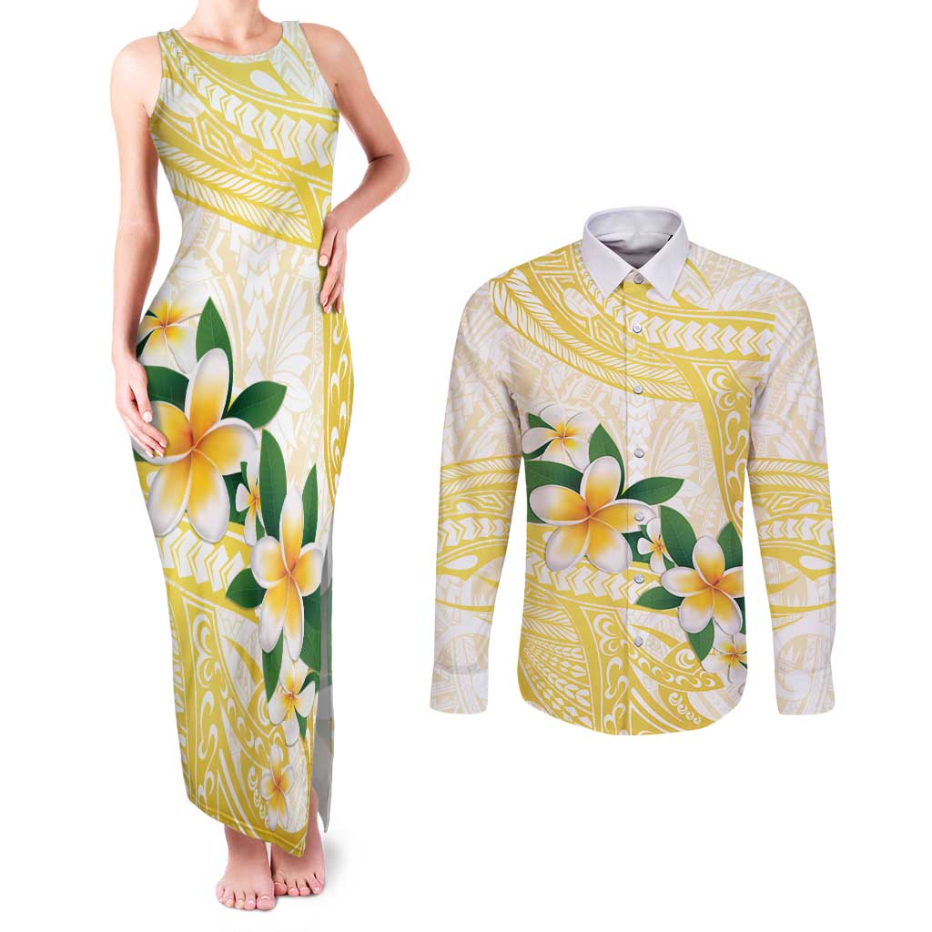 Gold And White Polynesia Plumeria Couples Matching Tank Maxi Dress and Long Sleeve Button Shirt Curves Tropical Vibes