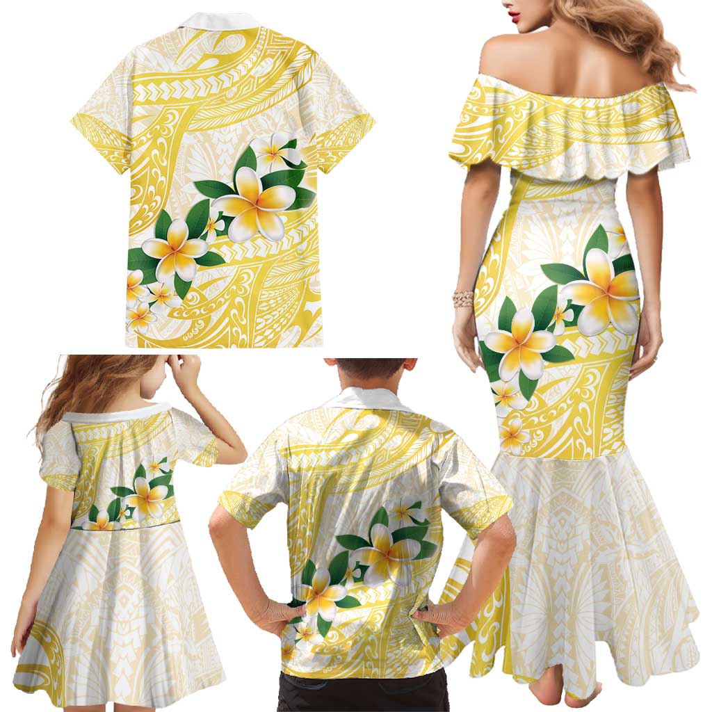 Gold And White Polynesia Plumeria Family Matching Mermaid Dress and Hawaiian Shirt Curves Tropical Vibes