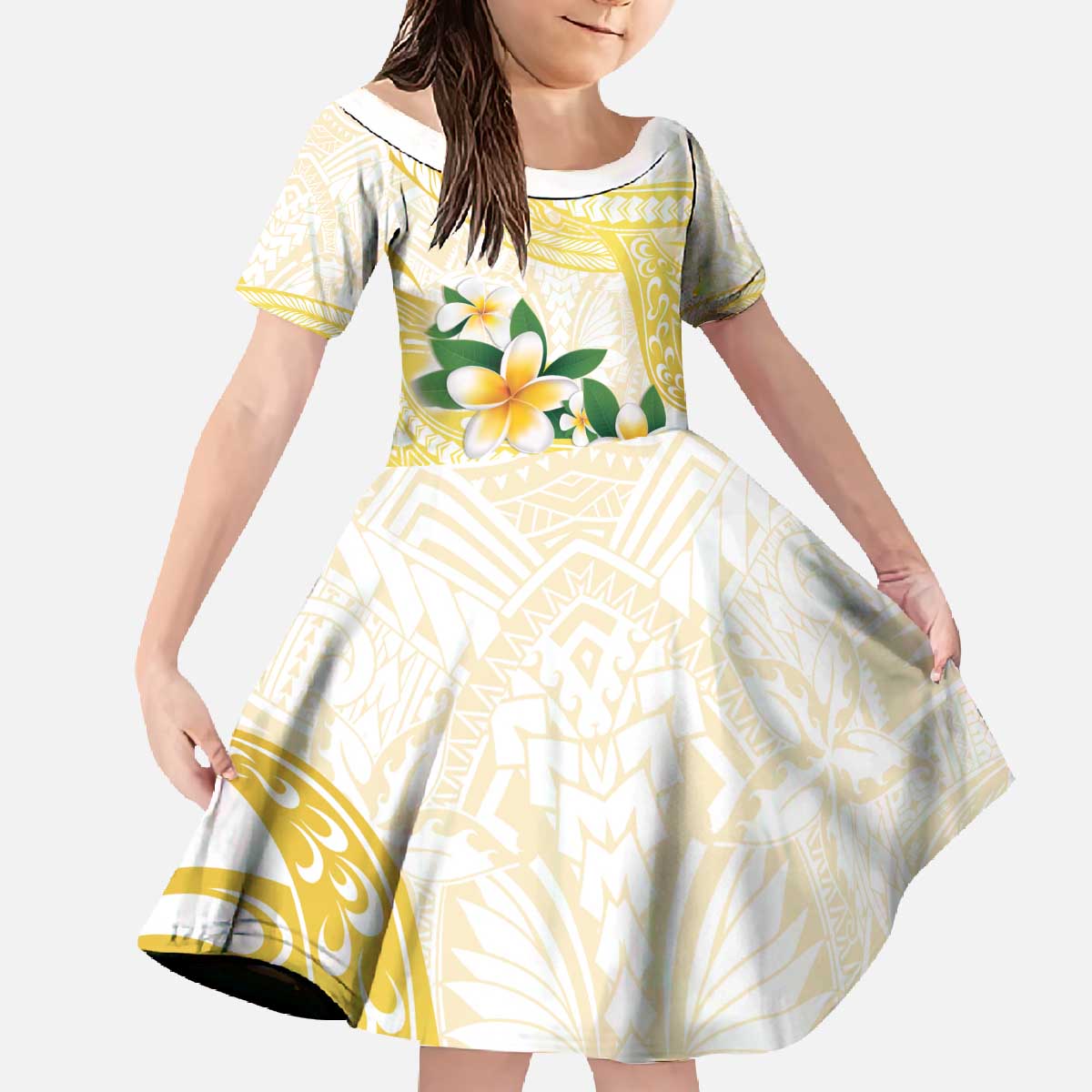 Gold And White Polynesia Plumeria Family Matching Off The Shoulder Long Sleeve Dress and Hawaiian Shirt Curves Tropical Vibes LT14 Daughter's Dress Gold - Polynesian Pride