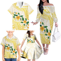 Gold And White Polynesia Plumeria Family Matching Off The Shoulder Long Sleeve Dress and Hawaiian Shirt Curves Tropical Vibes LT14 - Polynesian Pride