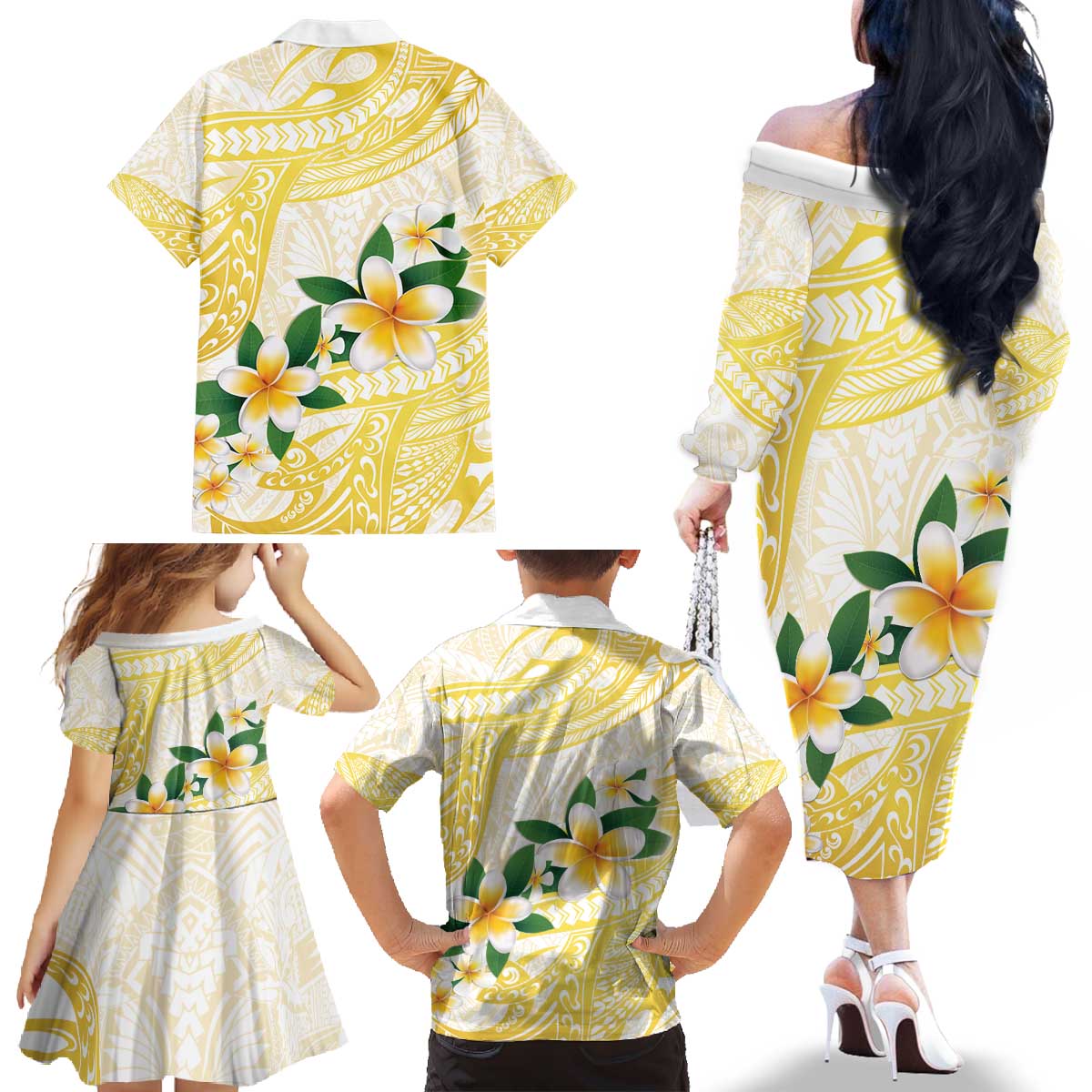Gold And White Polynesia Plumeria Family Matching Off The Shoulder Long Sleeve Dress and Hawaiian Shirt Curves Tropical Vibes LT14 - Polynesian Pride