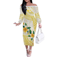 Gold And White Polynesia Plumeria Family Matching Off The Shoulder Long Sleeve Dress and Hawaiian Shirt Curves Tropical Vibes LT14 Mom's Dress Gold - Polynesian Pride