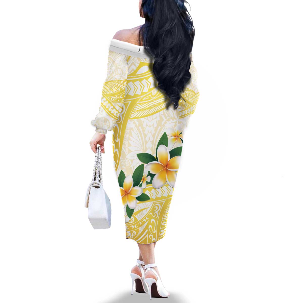 Gold And White Polynesia Plumeria Family Matching Off The Shoulder Long Sleeve Dress and Hawaiian Shirt Curves Tropical Vibes LT14 - Polynesian Pride