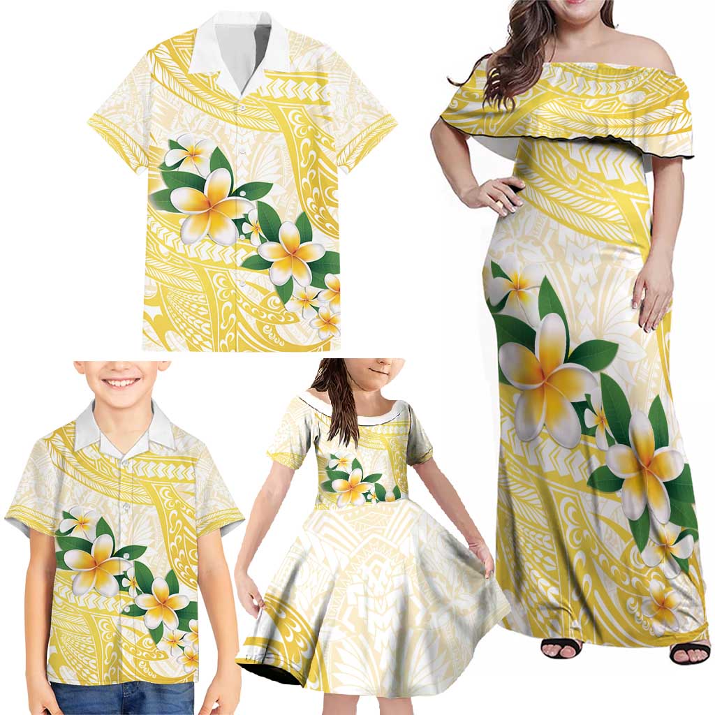 Gold And White Polynesia Plumeria Family Matching Off Shoulder Maxi Dress and Hawaiian Shirt Curves Tropical Vibes LT14 - Polynesian Pride