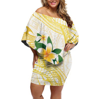 Gold And White Polynesia Plumeria Family Matching Off Shoulder Short Dress and Hawaiian Shirt Curves Tropical Vibes LT14 Mom's Dress Gold - Polynesian Pride