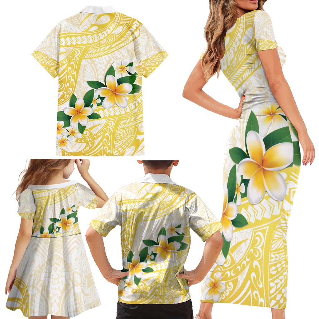 Gold And White Polynesia Plumeria Family Matching Short Sleeve Bodycon Dress and Hawaiian Shirt Curves Tropical Vibes LT14 - Polynesian Pride