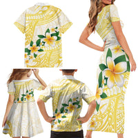 Gold And White Polynesia Plumeria Family Matching Short Sleeve Bodycon Dress and Hawaiian Shirt Curves Tropical Vibes LT14 - Polynesian Pride