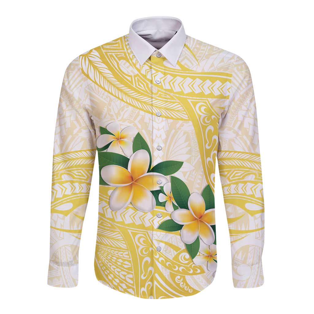 Gold And White Polynesia Plumeria Long Sleeve Button Shirt Curves Tropical Vibes LT14 Unisex Gold - Polynesian Pride