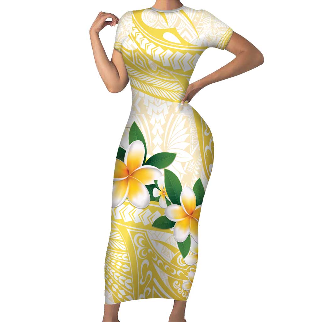 Gold And White Polynesia Plumeria Short Sleeve Bodycon Dress Curves Tropical Vibes LT14 Long Dress Gold - Polynesian Pride