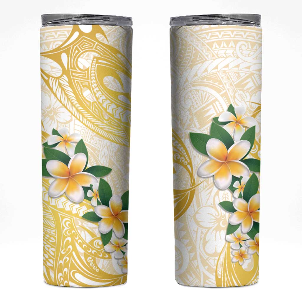 Gold And White Polynesia Plumeria Skinny Tumbler Curves Tropical Vibes LT14 Gold - Polynesian Pride