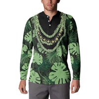 Green Hawaii Kukui Nut Lei Button Sweatshirt Hawaiian Pattern Monstera Tropical Vibes - Polynesian Pride