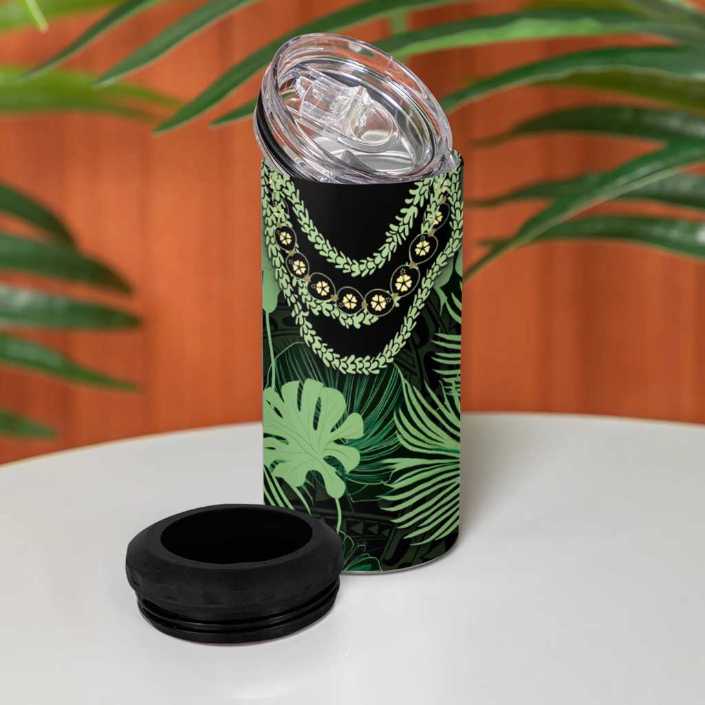 Green Hawaii Kukui Nut Lei 4 in 1 Can Cooler Tumbler Hawaiian Pattern Monstera Tropical Vibes - Polynesian Pride