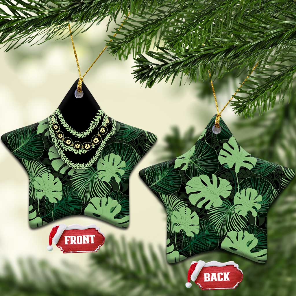 Green Hawaii Kukui Nut Lei Ceramic Ornament Hawaiian Pattern Monstera Tropical Vibes - Polynesian Pride
