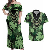 Green Hawaii Kukui Nut Lei Couples Matching Off Shoulder Maxi Dress and Hawaiian Shirt Hawaiian Pattern Monstera Tropical Vibes - Polynesian Pride