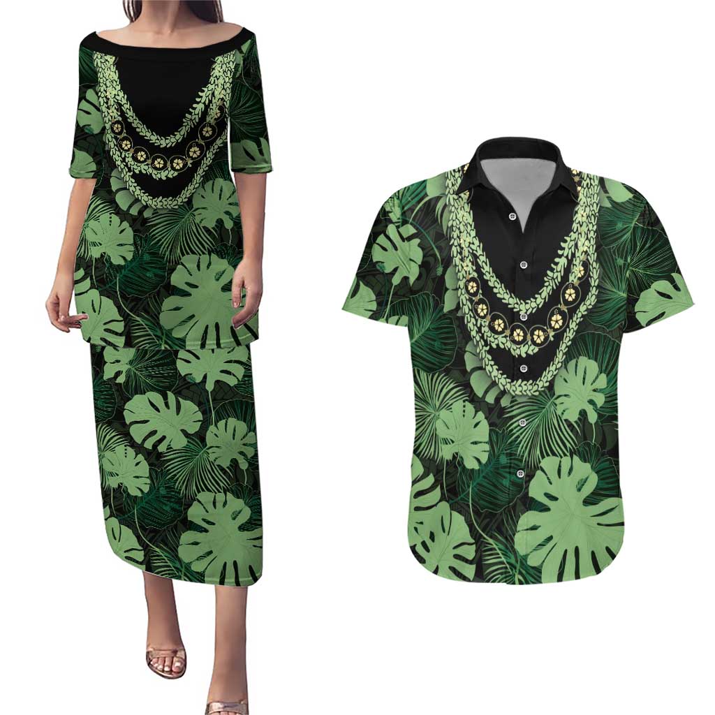 Green Hawaii Kukui Nut Lei Couples Matching Puletasi and Hawaiian Shirt Hawaiian Pattern Monstera Tropical Vibes - Polynesian Pride