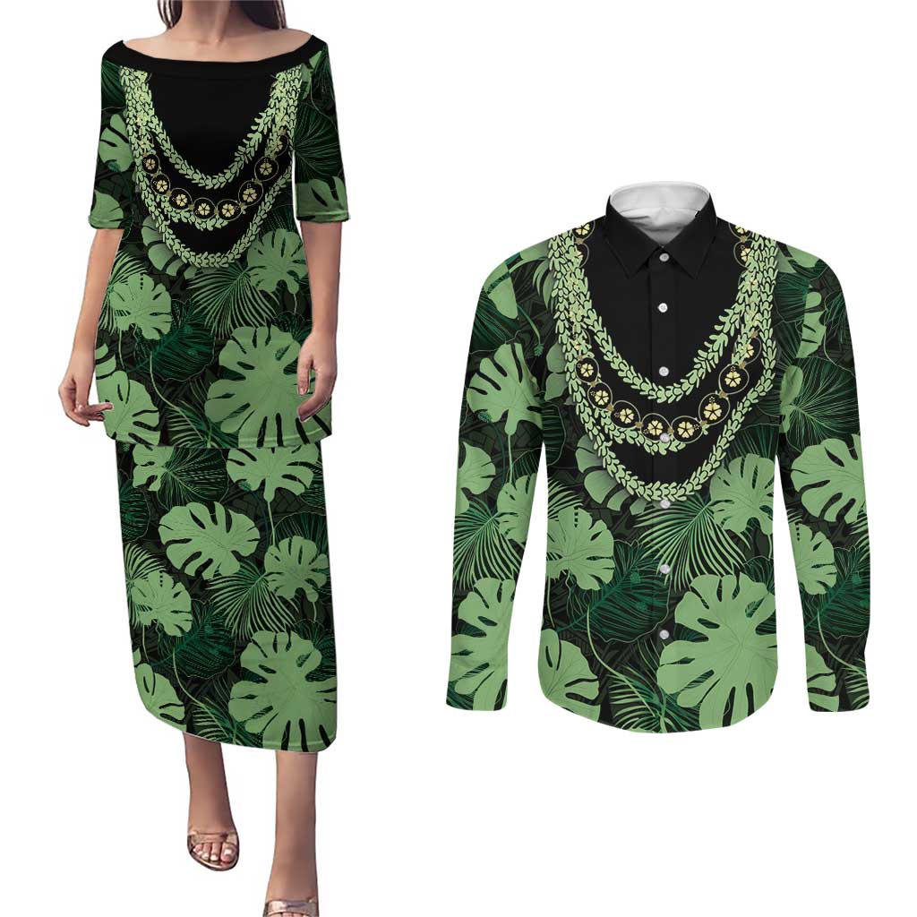 Green Hawaii Kukui Nut Lei Couples Matching Puletasi and Long Sleeve Button Shirt Hawaiian Pattern Monstera Tropical Vibes - Polynesian Pride