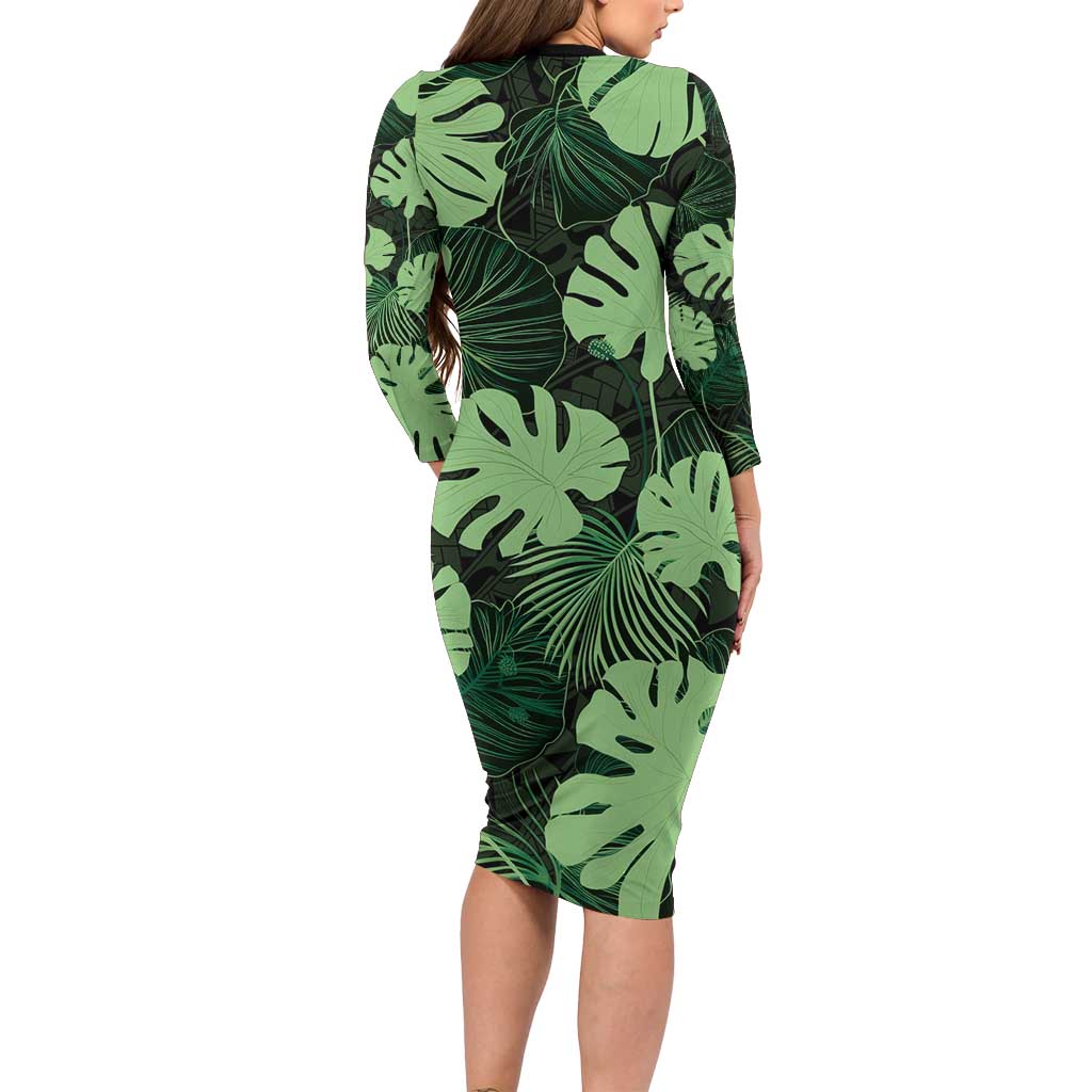 Green Hawaii Kukui Nut Lei Family Matching Long Sleeve Bodycon Dress and Hawaiian Shirt Hawaiian Pattern Monstera Tropical Vibes LT14 - Polynesian Pride