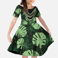 Green Hawaii Kukui Nut Lei Family Matching Off The Shoulder Long Sleeve Dress and Hawaiian Shirt Hawaiian Pattern Monstera Tropical Vibes LT14 Daughter's Dress Green - Polynesian Pride