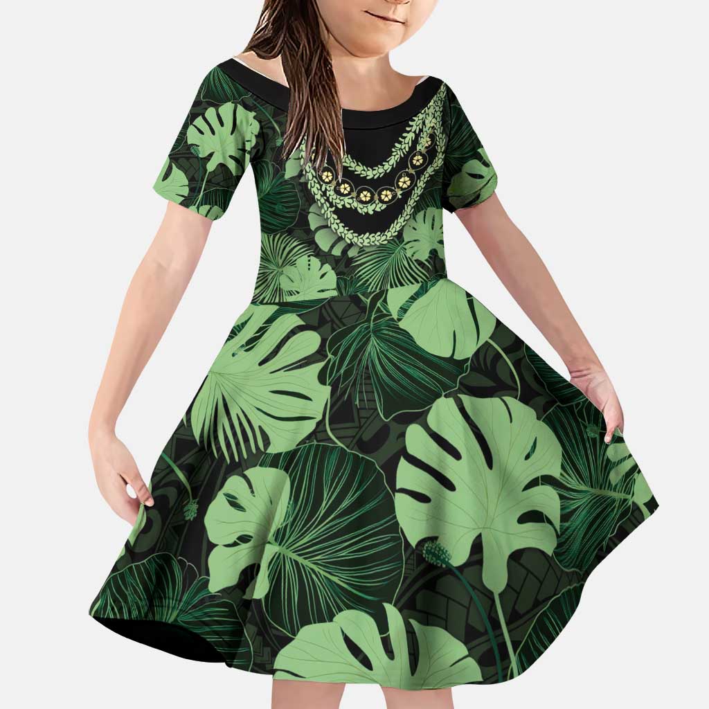 Green Hawaii Kukui Nut Lei Family Matching Off Shoulder Maxi Dress and Hawaiian Shirt Hawaiian Pattern Monstera Tropical Vibes LT14 Daughter's Dress Green - Polynesian Pride