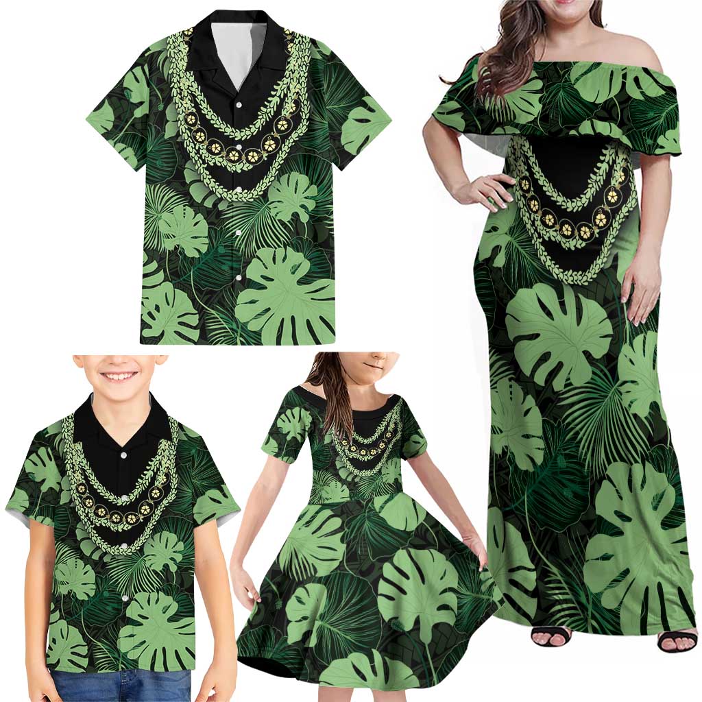 Green Hawaii Kukui Nut Lei Family Matching Off Shoulder Maxi Dress and Hawaiian Shirt Hawaiian Pattern Monstera Tropical Vibes LT14 - Polynesian Pride