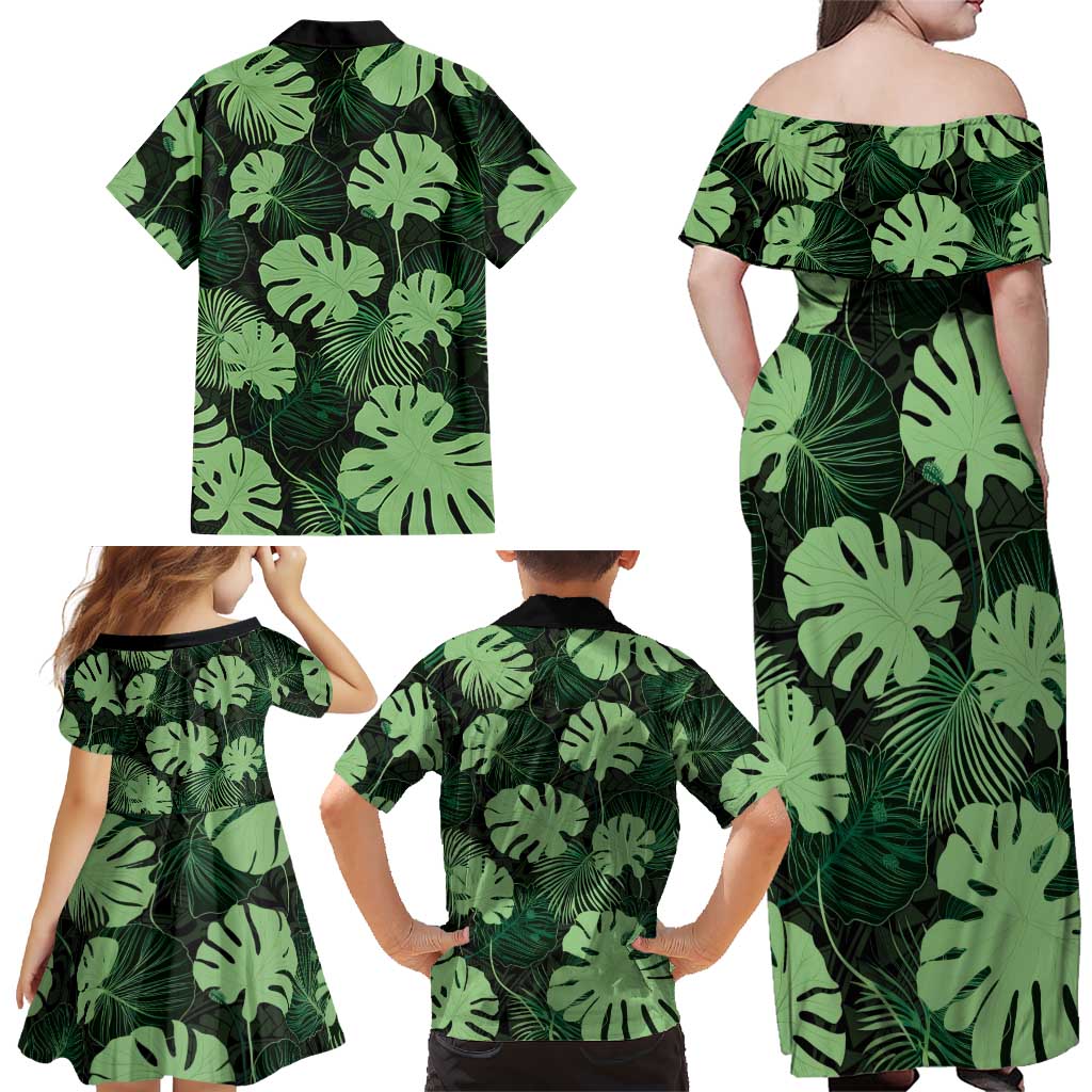 Green Hawaii Kukui Nut Lei Family Matching Off Shoulder Maxi Dress and Hawaiian Shirt Hawaiian Pattern Monstera Tropical Vibes LT14 - Polynesian Pride