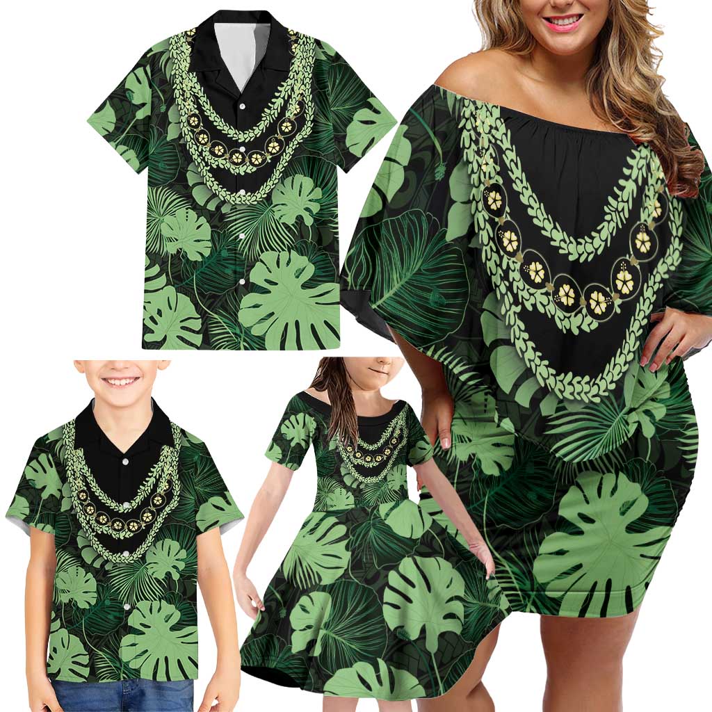 Green Hawaii Kukui Nut Lei Family Matching Off Shoulder Short Dress and Hawaiian Shirt Hawaiian Pattern Monstera Tropical Vibes - Polynesian Pride