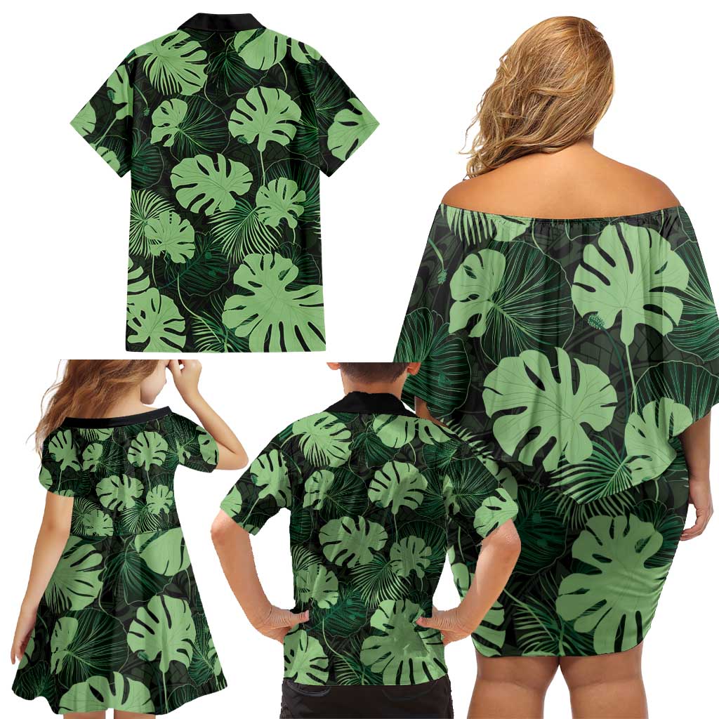 Green Hawaii Kukui Nut Lei Family Matching Off Shoulder Short Dress and Hawaiian Shirt Hawaiian Pattern Monstera Tropical Vibes LT14 - Polynesian Pride