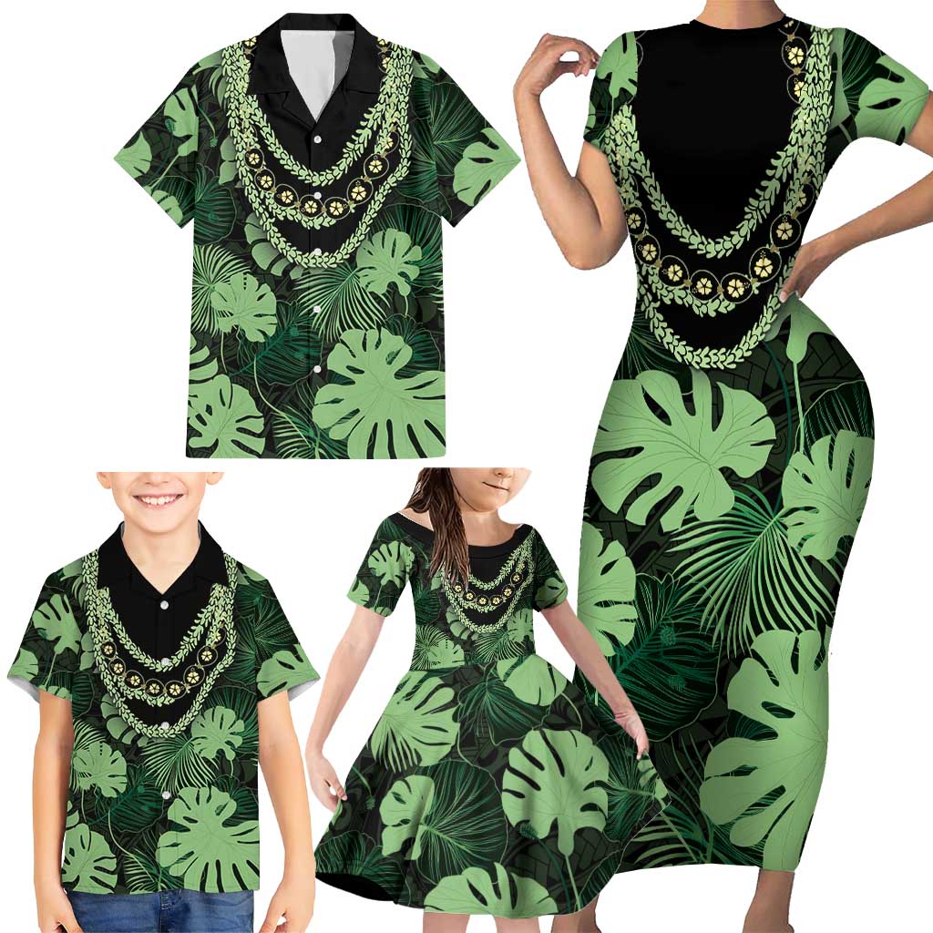 Green Hawaii Kukui Nut Lei Family Matching Short Sleeve Bodycon Dress and Hawaiian Shirt Hawaiian Pattern Monstera Tropical Vibes LT14 - Polynesian Pride