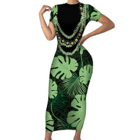 Green Hawaii Kukui Nut Lei Family Matching Short Sleeve Bodycon Dress and Hawaiian Shirt Hawaiian Pattern Monstera Tropical Vibes LT14 Mom's Dress Green - Polynesian Pride