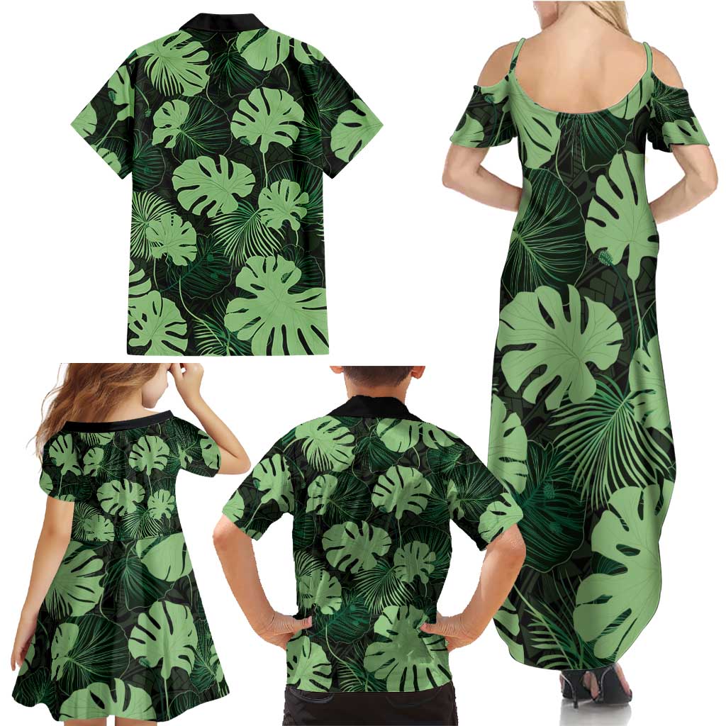 Green Hawaii Kukui Nut Lei Family Matching Summer Maxi Dress and Hawaiian Shirt Hawaiian Pattern Monstera Tropical Vibes LT14 - Polynesian Pride