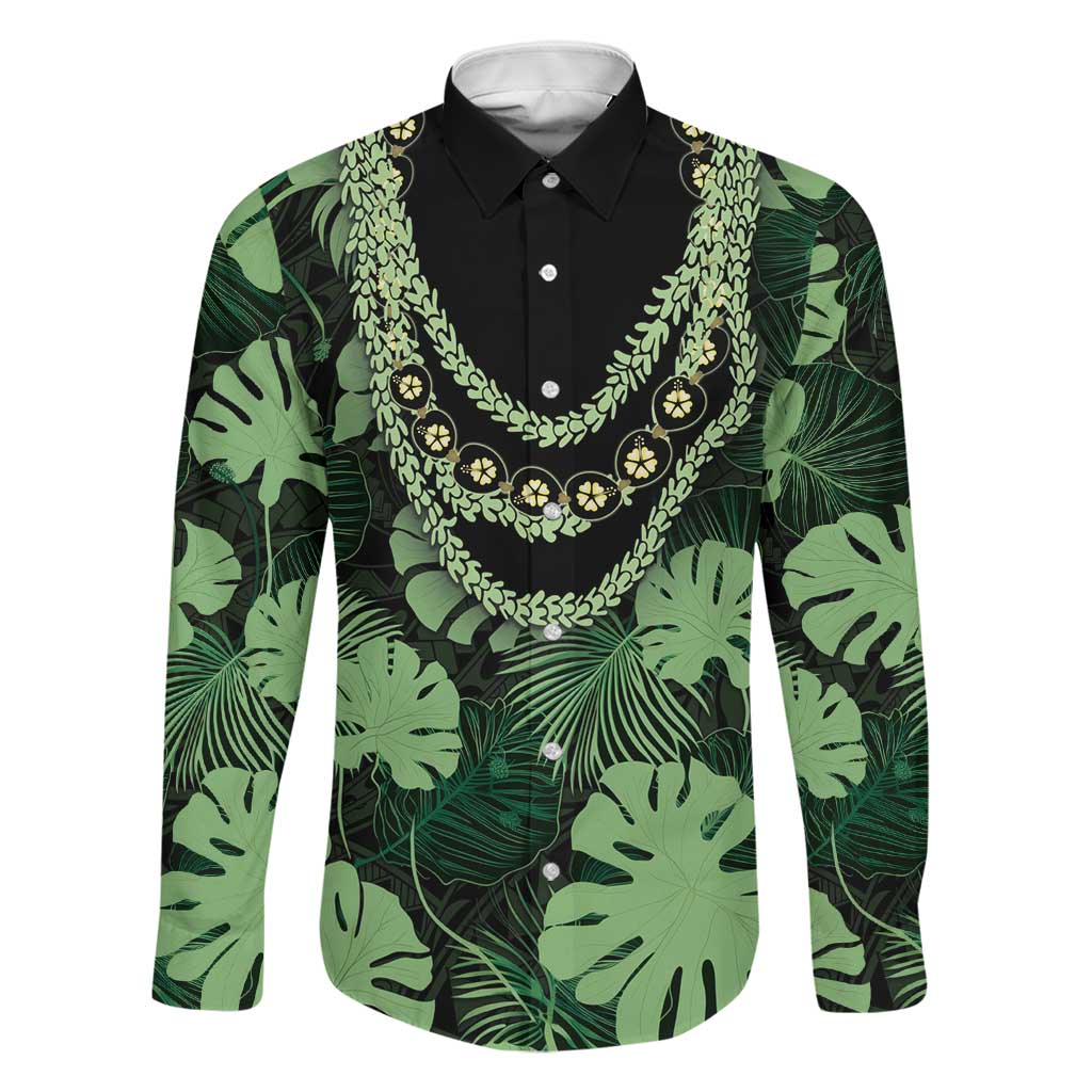 Green Hawaii Kukui Nut Lei Family Matching Summer Maxi Dress and Hawaiian Shirt Hawaiian Pattern Monstera Tropical Vibes LT14 Dad's Shirt - Long Sleeve Green - Polynesian Pride