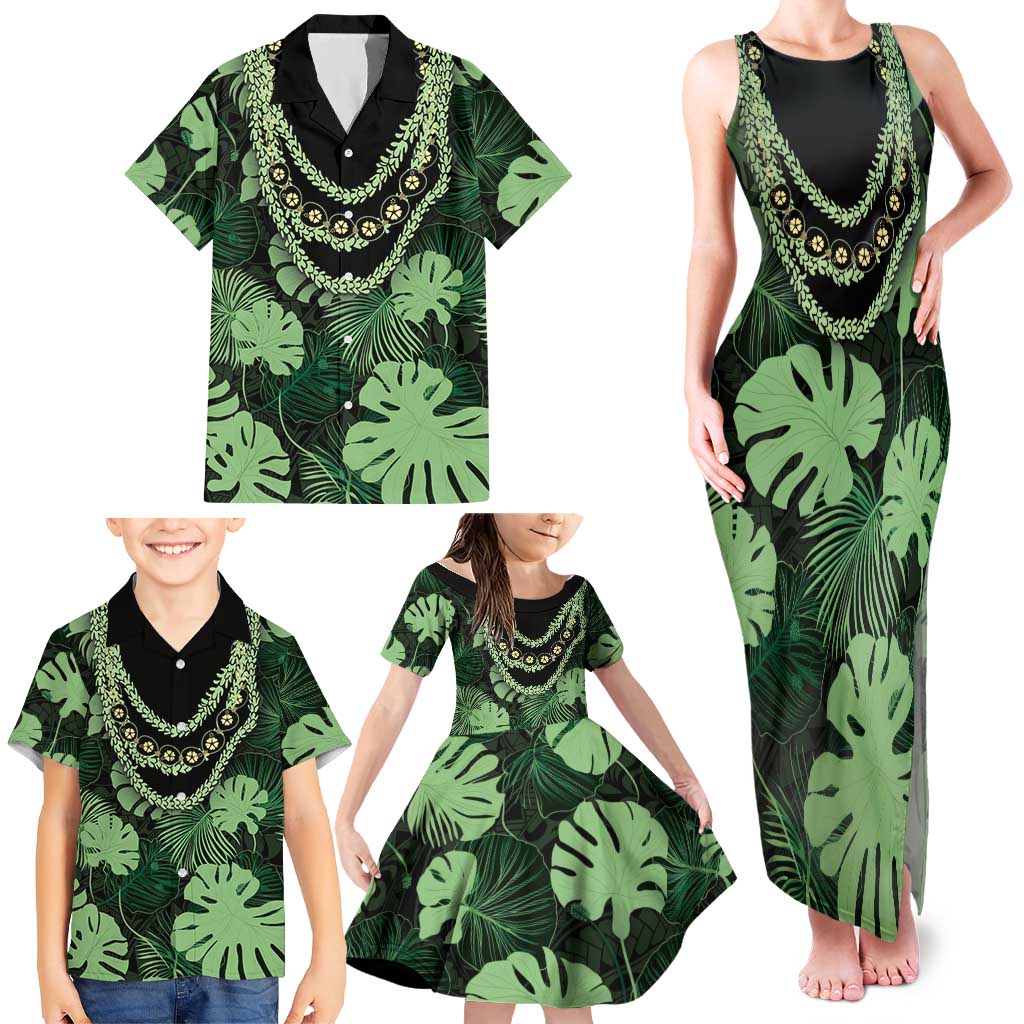 Green Hawaii Kukui Nut Lei Family Matching Tank Maxi Dress and Hawaiian Shirt Hawaiian Pattern Monstera Tropical Vibes LT14 - Polynesian Pride